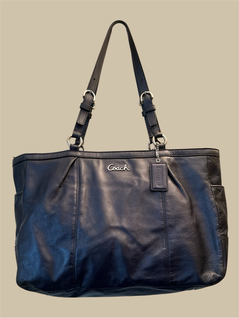 Coach Navy Blue Leather Tote with Silver Hardware